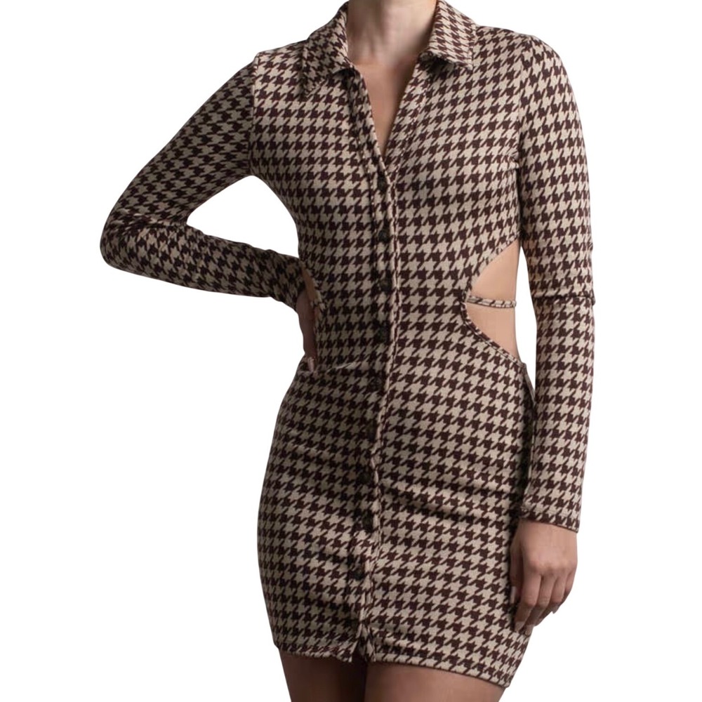 Bailey Rose Houndstooth Cutout Bodycon Mini Shirt Dress Brown Women Size Small